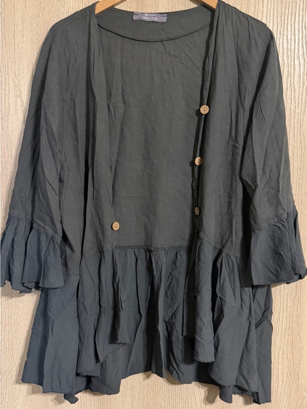 Grey Violet 100% Italian Made Linen Boho Ruffle Open-Front Cardigan